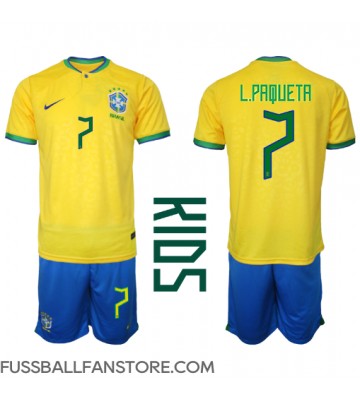 Brasilien Lucas Paqueta #7 Replik Heimtrikot Kinder WM 2022 Kurzarm (+ Kurze Hosen)